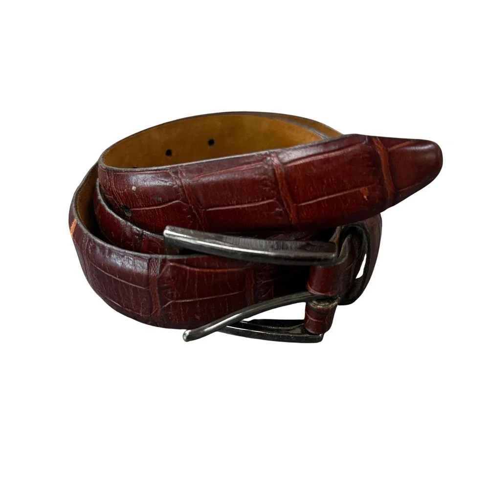 Fultiani Belt Mens 38 Brown Good Italian Calfskin Crocodile Embossed Leather